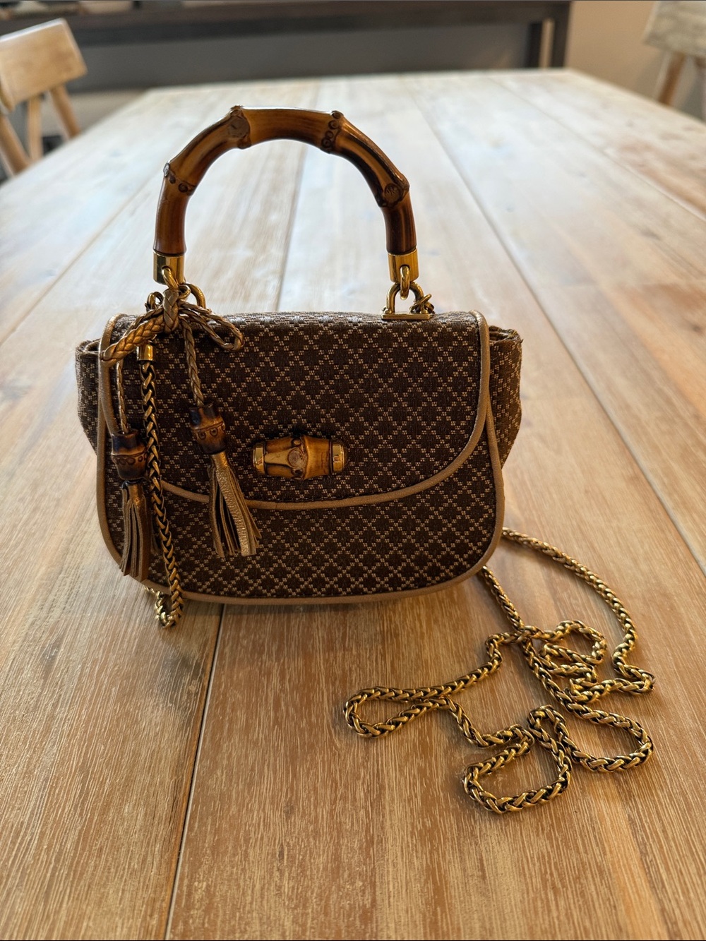 Gucci 1947 nano Brown Bamboo-Handle Crossbody with Gold Chain - Picture 1 of 5